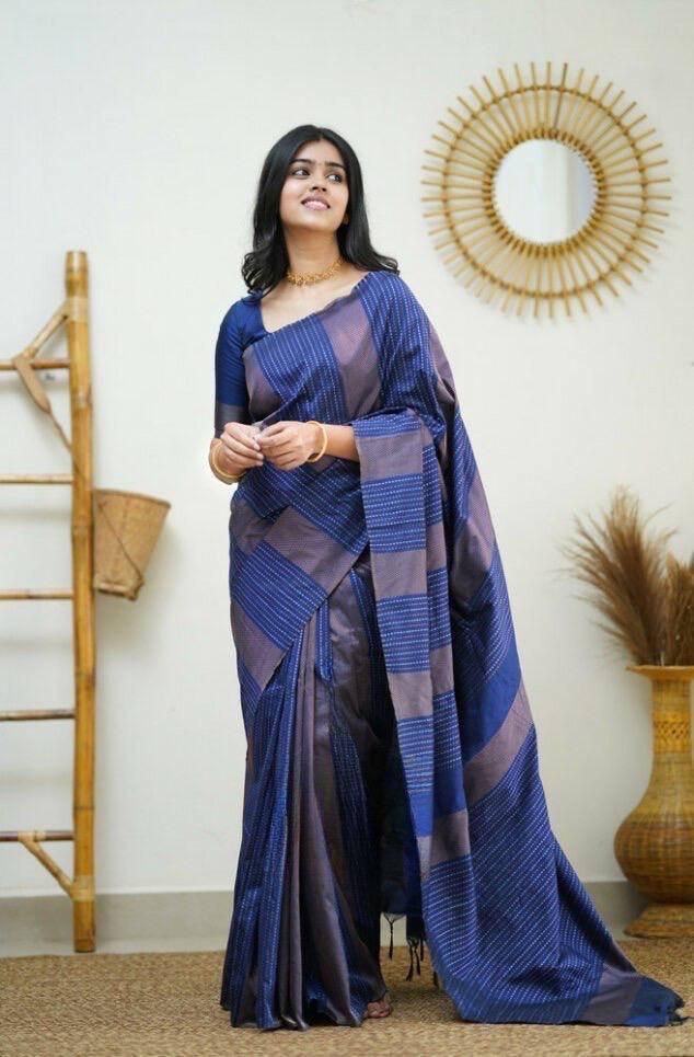 Desuetude Navy Blue Soft Silk Saree With Staggering Blouse Piece KPR Main image