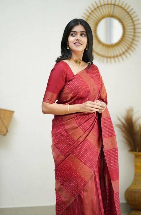 Pleasurable Red Soft Silk Saree With Twirling Blouse Piece KPR