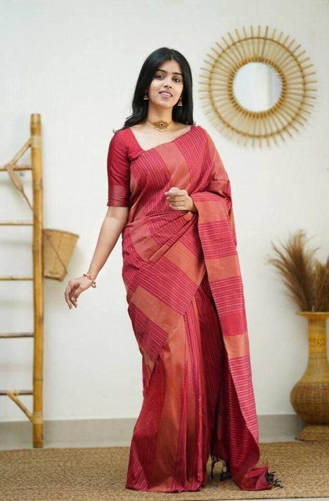 Pleasurable Red Soft Silk Saree With Twirling Blouse Piece KPR Main image