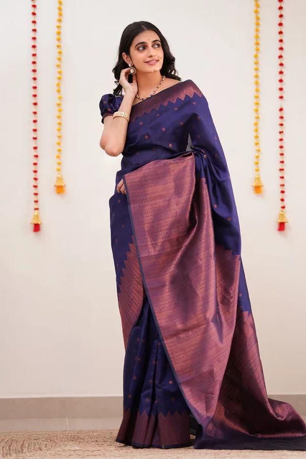 Symmetrical Navy Blue Soft Silk Saree With Jazzy Blouse Piece KPR Main image