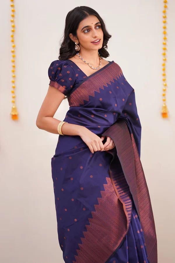 Symmetrical Navy Blue Soft Silk Saree With Jazzy Blouse Piece KPR