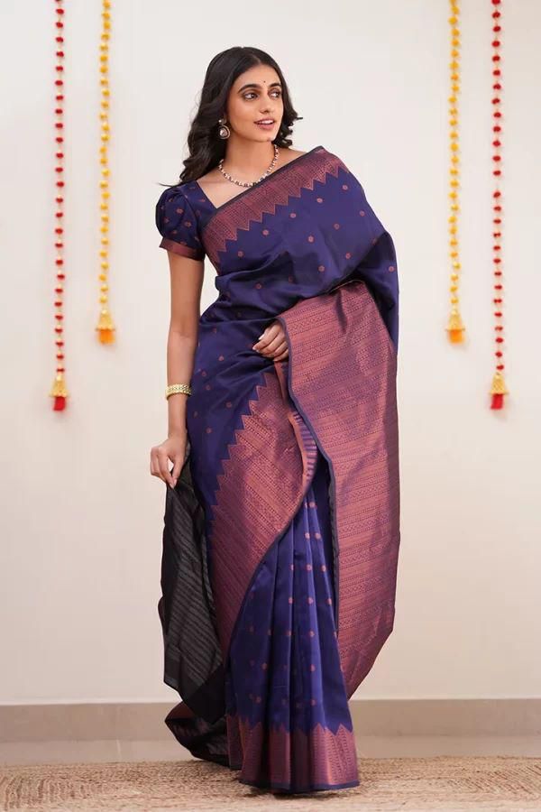 Buy Odette Navy Blue Soft Silk Saree with Unstitched Blouse online