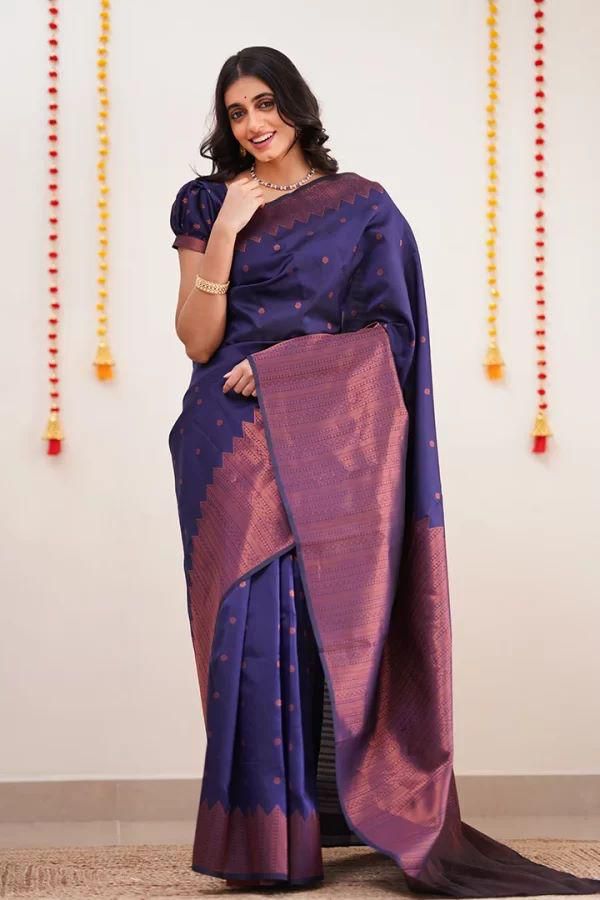 Symmetrical Navy Blue Soft Silk Saree With Jazzy Blouse Piece KPR