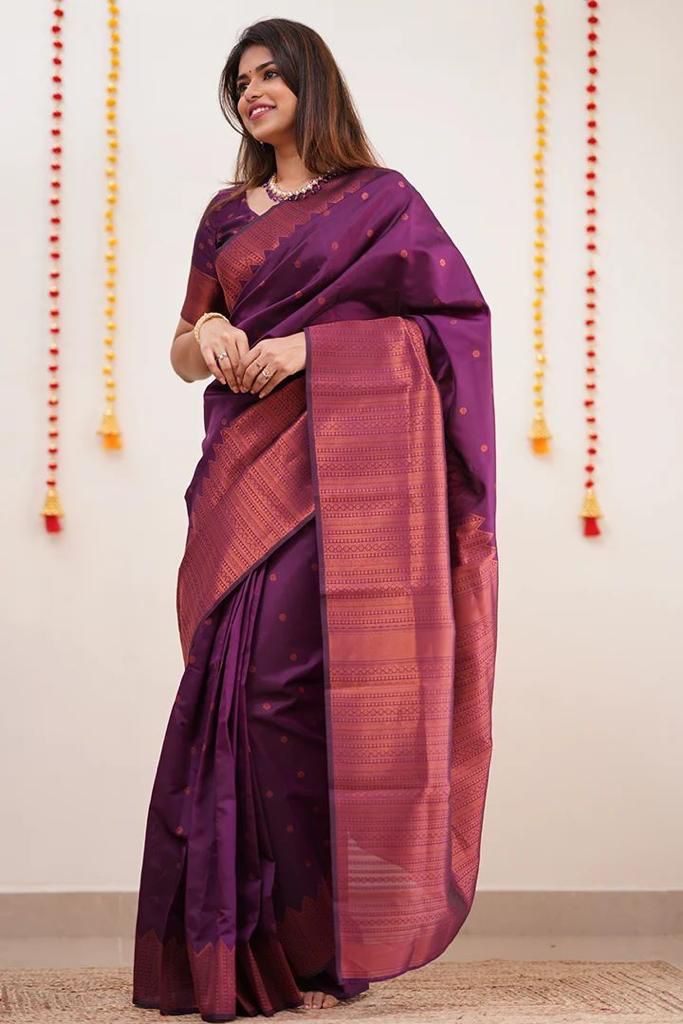 Imaginative Purple Soft Silk Saree With Comely Blouse Piece KPR