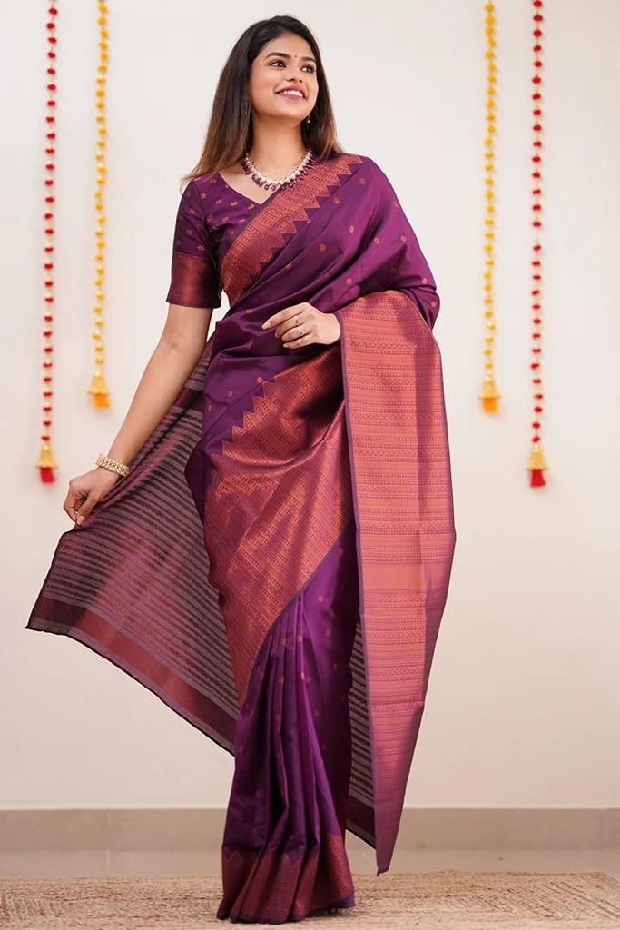 Imaginative Purple Soft Silk Saree With Comely Blouse Piece KPR Main image