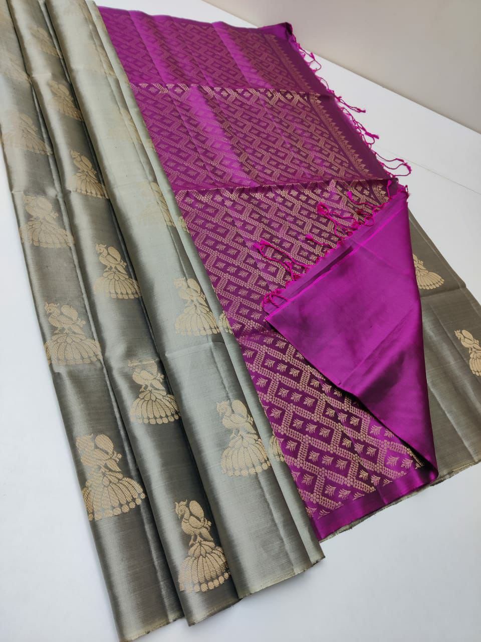 Trendy Grey Soft Silk Saree With Amazing Blouse Piece KPR Main image