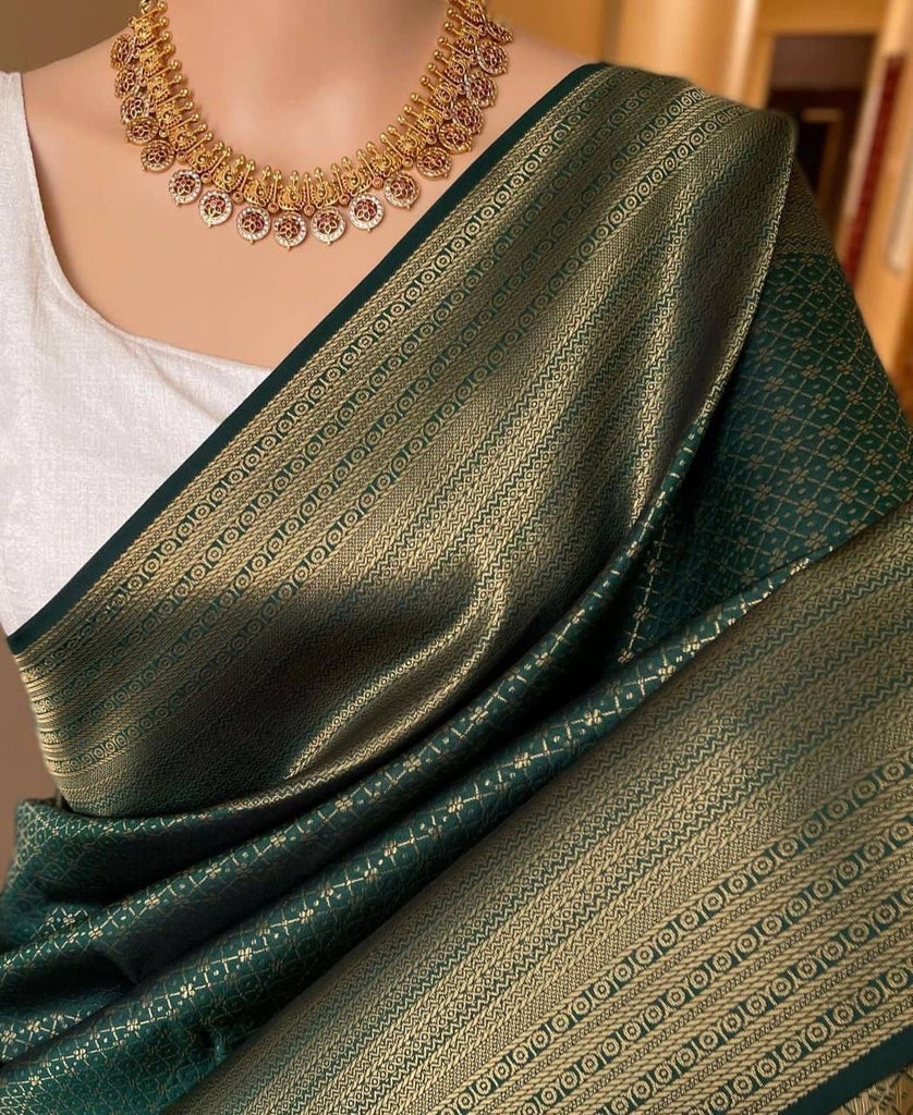 Refreshing Dark Green Soft Silk Saree With Alluring Blouse Piece KP