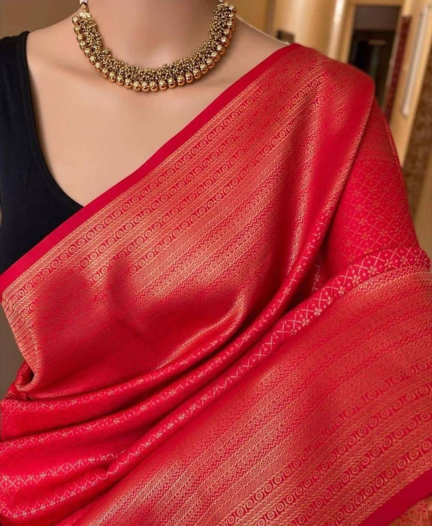 Demanding Red Soft Silk Saree With Wonderful Blouse Piece KP