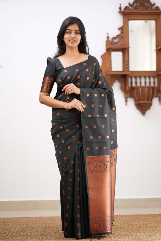 Capricious Black Soft Silk Saree With Skinny Blouse Piece KPR