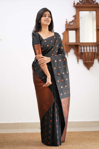 Capricious Black Soft Silk Saree With Skinny Blouse Piece KPR