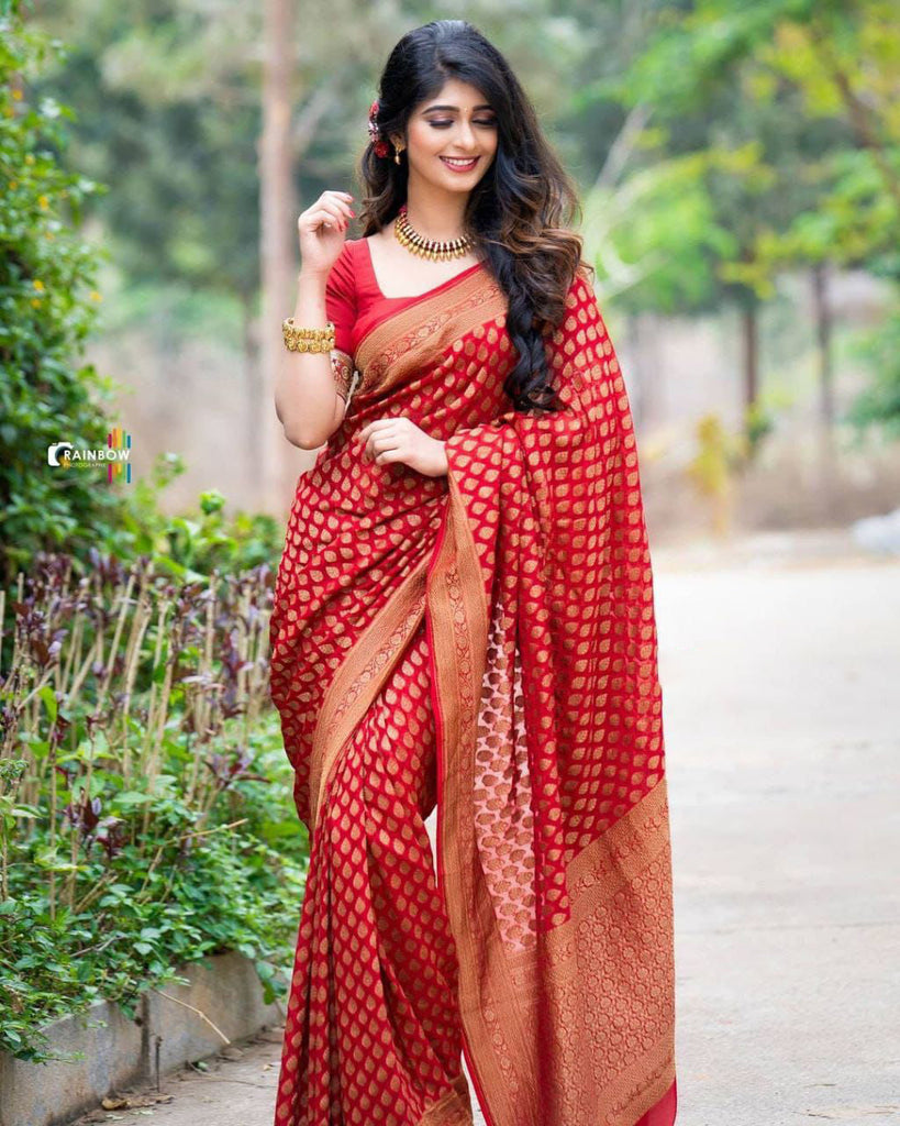 Ratatouille Red Soft Silk Saree With Unique Pink Blouse Piece KPR