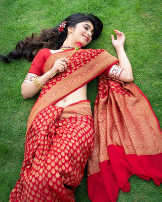 Ratatouille Red Soft Silk Saree With Unique Pink Blouse Piece KPR