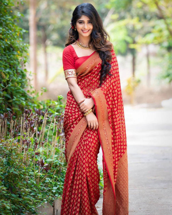 Ratatouille Red Soft Silk Saree With Unique Pink Blouse Piece KPR