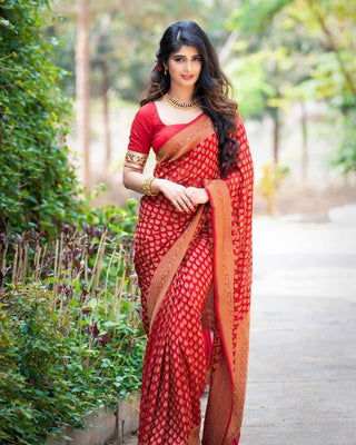 Ratatouille Red Soft Silk Saree With Unique Pink Blouse Piece KPR