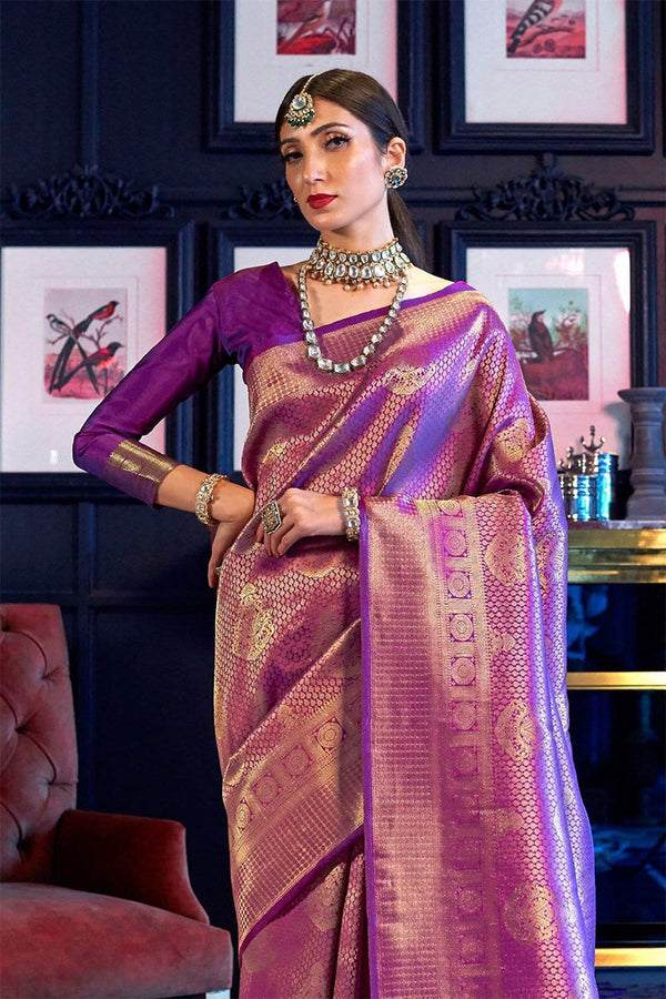 Mellifluous Purple Kanjivaram Silk Saree With Beautiful Blouse Piece Bvipul