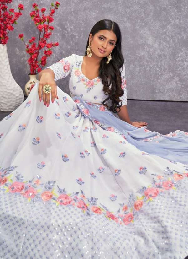 Latest Pearl White Thread Work Georgette Lehenga Choli ClothsVilla