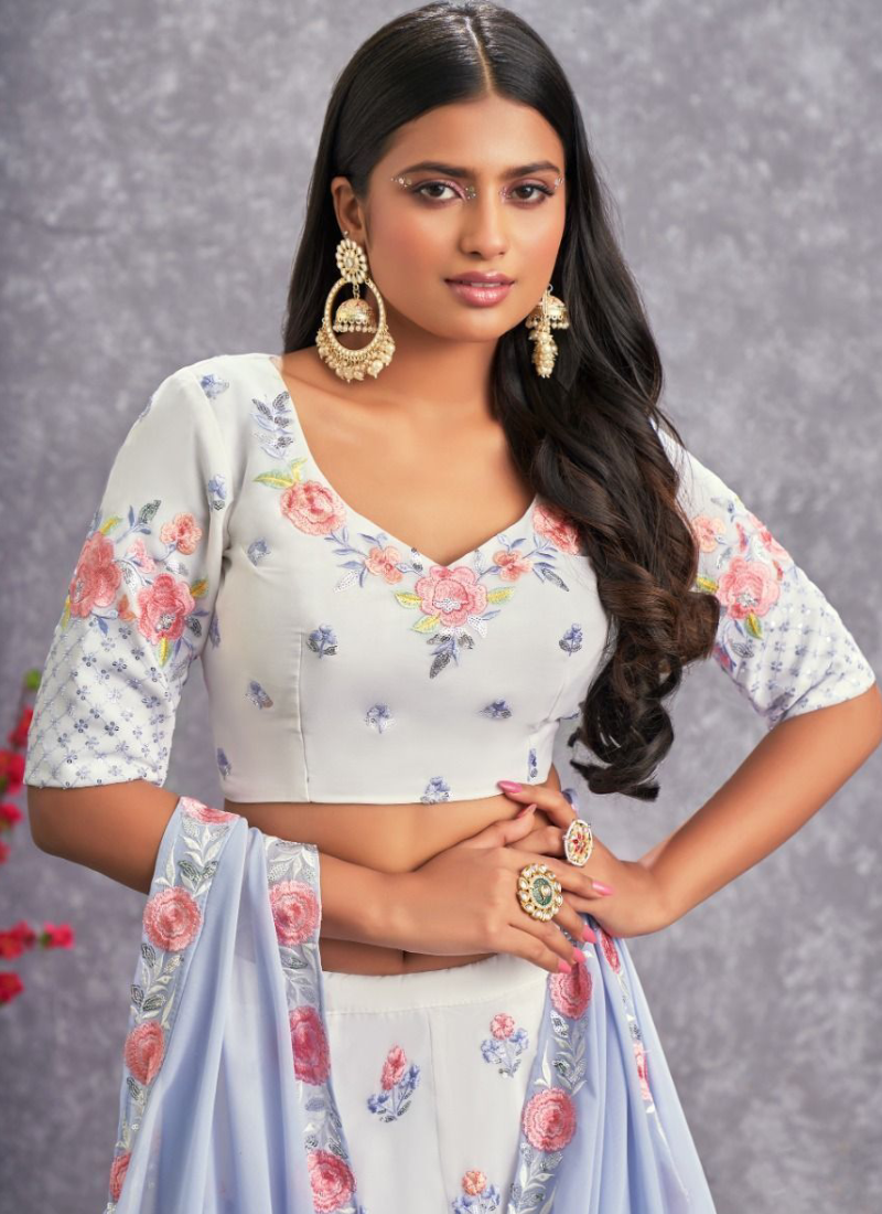 Latest Pearl White Thread Work Georgette Lehenga Choli ClothsVilla