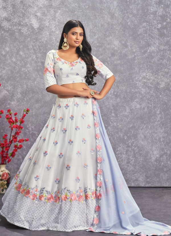 Latest Pearl White Thread Work Georgette Lehenga Choli ClothsVilla