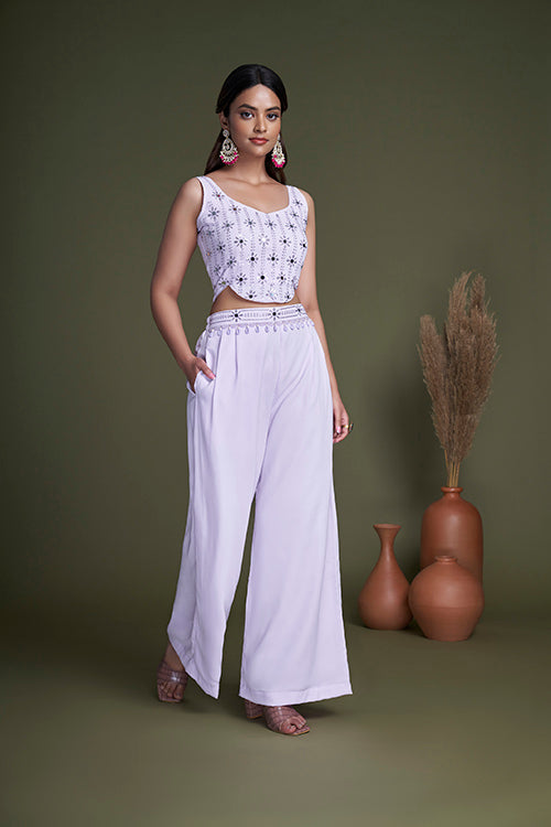 Lavender Color with Waist Belt Koti Style Palazzo Suit Collection ClothsVilla.com