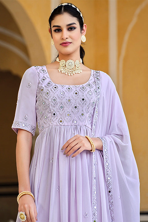 Lavender Georgette Embroidered Work Kurta Palazzo Dupatta Set ClothsVilla.com