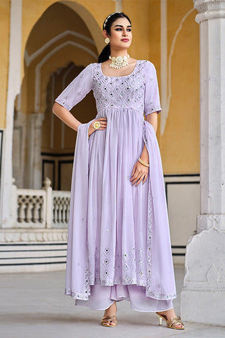 Lavender Georgette Embroidered Work Kurta Palazzo Dupatta Set ClothsVilla.com