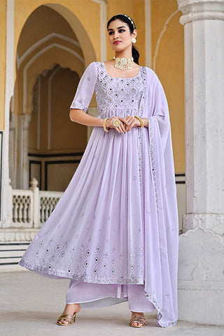 Lavender Georgette Embroidered Work Kurta Palazzo Dupatta Set ClothsVilla.com