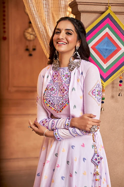 Lavender Jacquard Work with Koti Style Chaniya Choli for Navratri Festival ClothsVilla.com