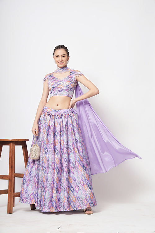 Lavender Chinon Silk Print With Sequins Work Lehenga Choli ClothsVilla.com