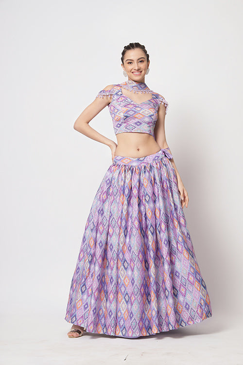 Lavender Chinon Silk Print With Sequins Work Lehenga Choli ClothsVilla.com