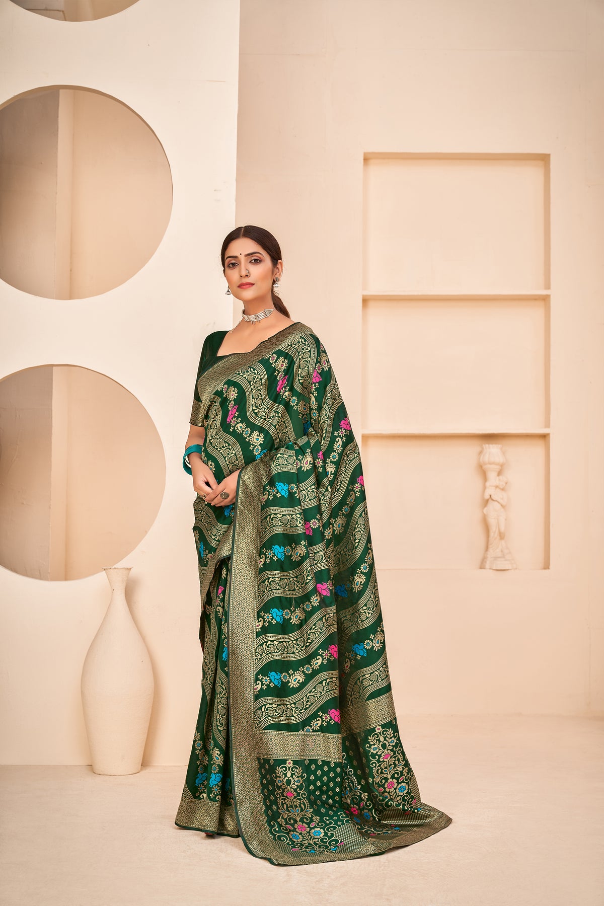 Lavish Half Sleeves Blouse Dark Green Color Banarasi Silk Fabric Saree ClothsVilla Main image