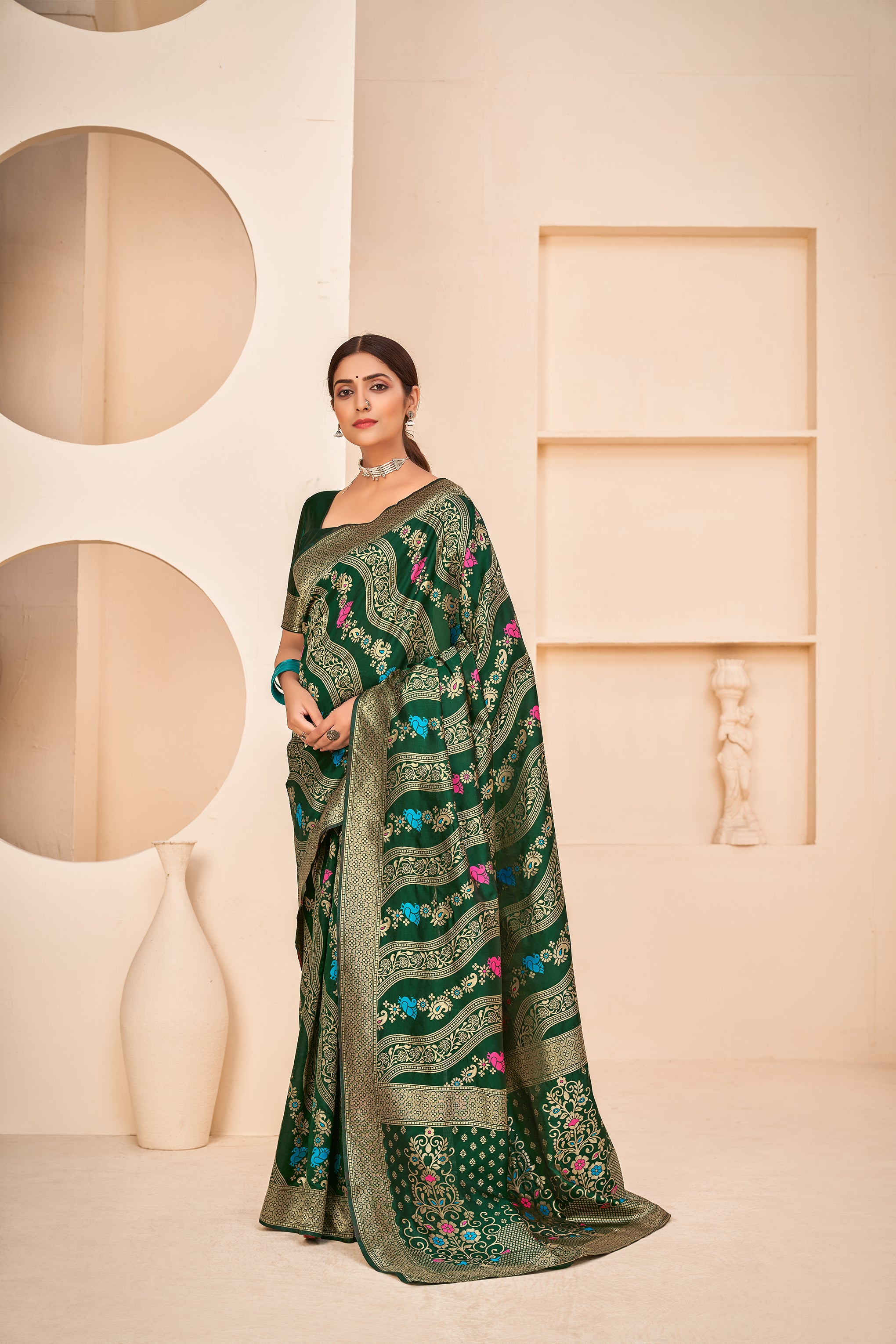 Lavish Half Sleeves Blouse Dark Green Color Banarasi Silk Fabric Saree ClothsVilla Main image