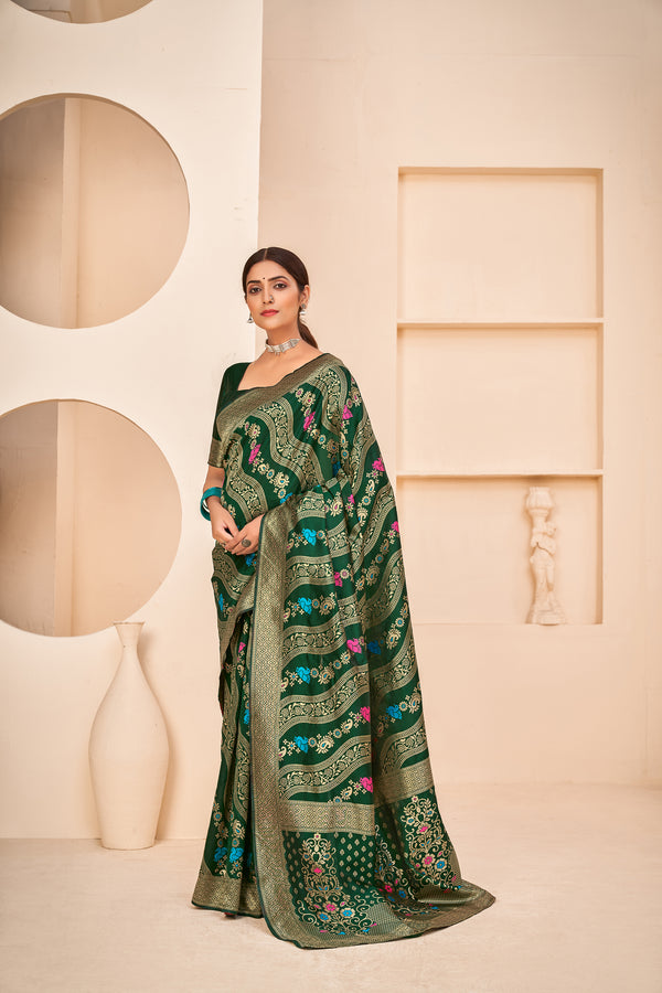 Lavish Half Sleeves Blouse Dark Green Color Banarasi Silk Fabric Saree ClothsVilla