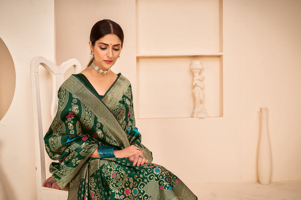 Lavish Half Sleeves Blouse Dark Green Color Banarasi Silk Fabric Saree ClothsVilla