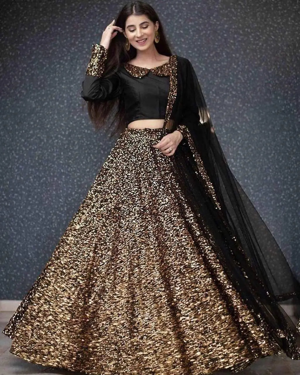 Lehenga Choli in Golden Sequence Skirt with Black Blouse ClothsVilla Main image