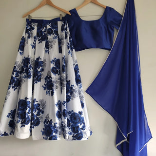 Lehenga Choli in Blue Color with Velvet Top and Silk ClothsVilla
