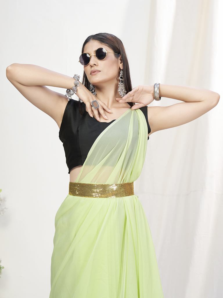 Light Fern Green Pre-Stitched Blended Silk Saree ClothsVilla