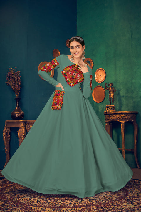 Light-Green Embroidered Georgette Evening Long Gown Semi Stitched ClothsVilla Main image
