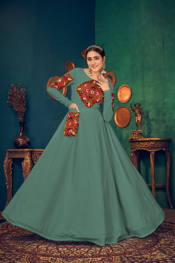 Light-Green Embroidered Georgette Evening Long Gown Semi Stitched ClothsVilla