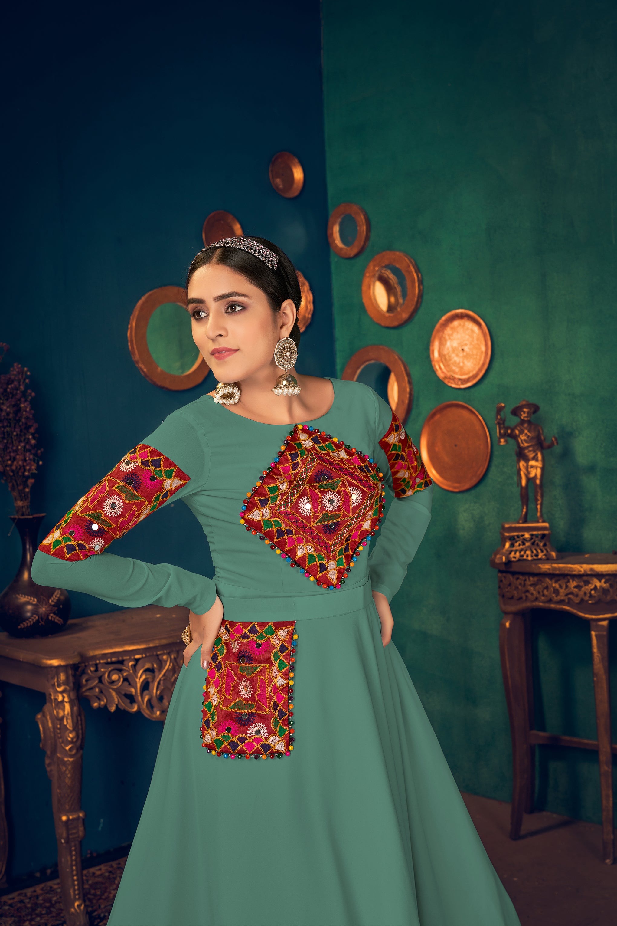 Light-Green Embroidered Georgette Evening Long Gown Semi Stitched ClothsVilla