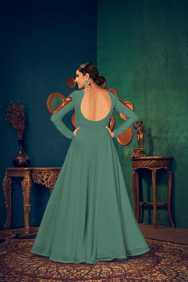 Light-Green Embroidered Georgette Evening Long Gown Semi Stitched ClothsVilla