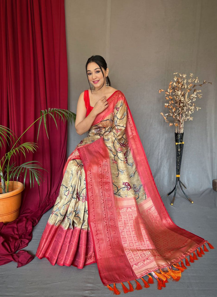 Light Brown Saree in Banarasi Silk with Kalamkari Prints Clothsvilla