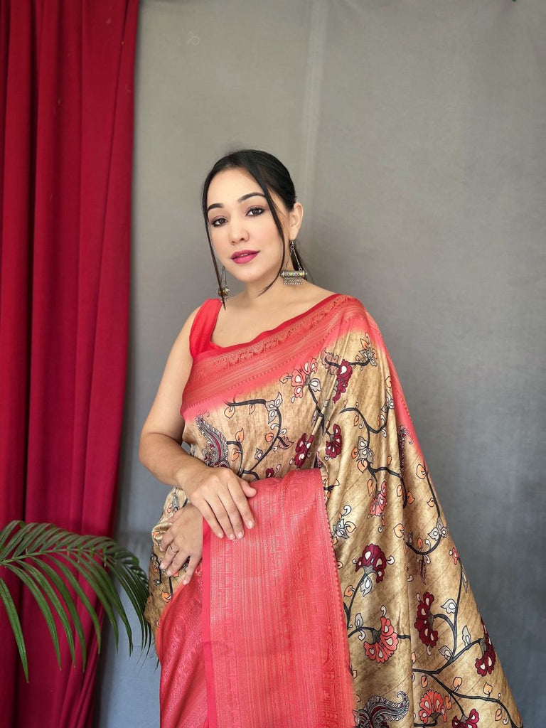 Light Brown Saree in Banarasi Silk with Kalamkari Prints Clothsvilla