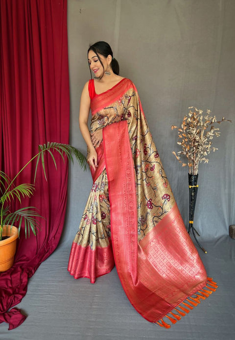 Light Brown Saree in Banarasi Silk with Kalamkari Prints Clothsvilla Main image