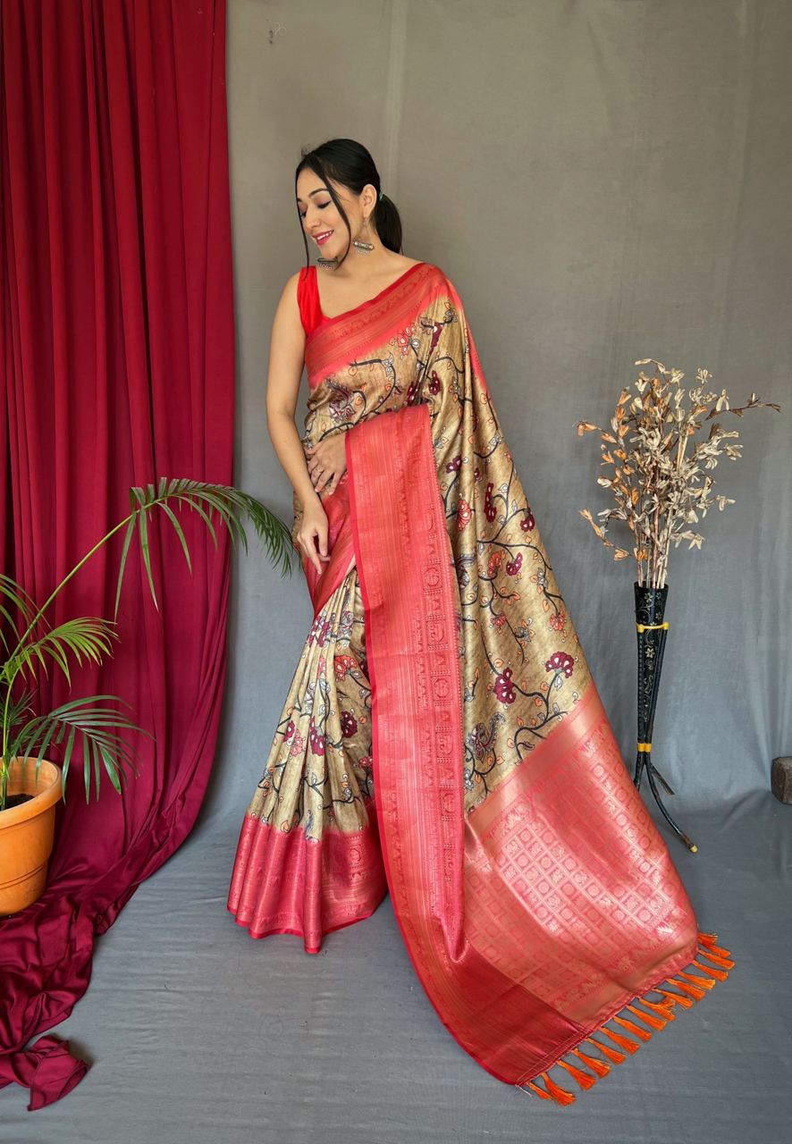 Light Brown Saree in Banarasi Silk with Kalamkari Prints Clothsvilla
