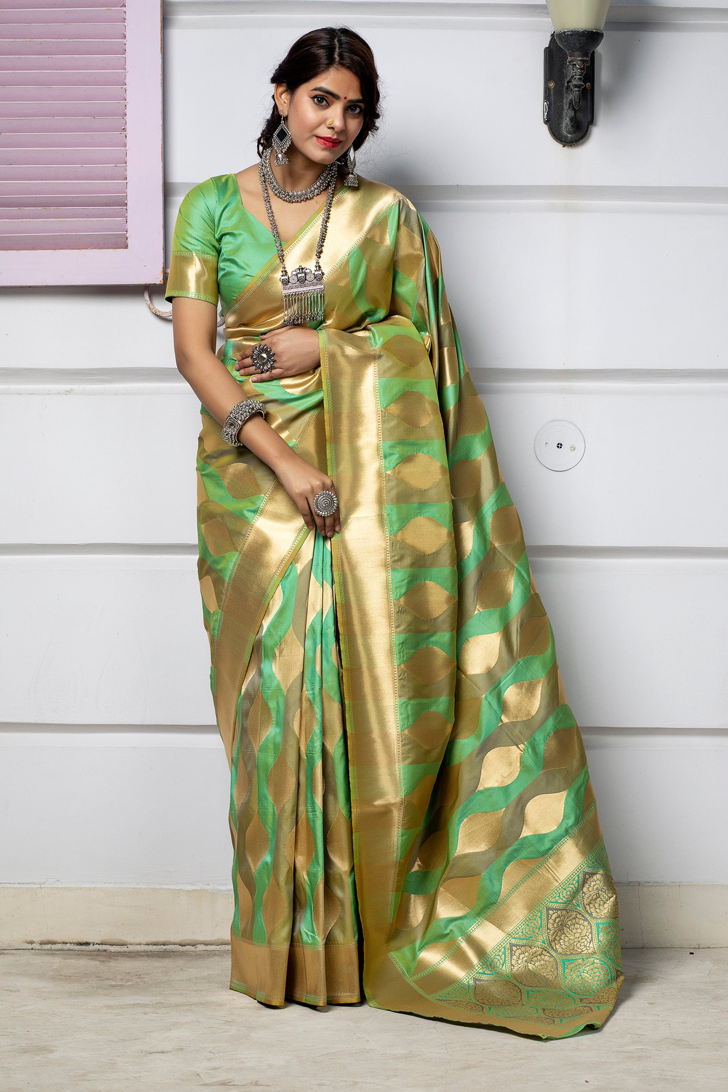 Light Green Banarasi Silk Traditional Saree With Blouse Piece ClothsVilla