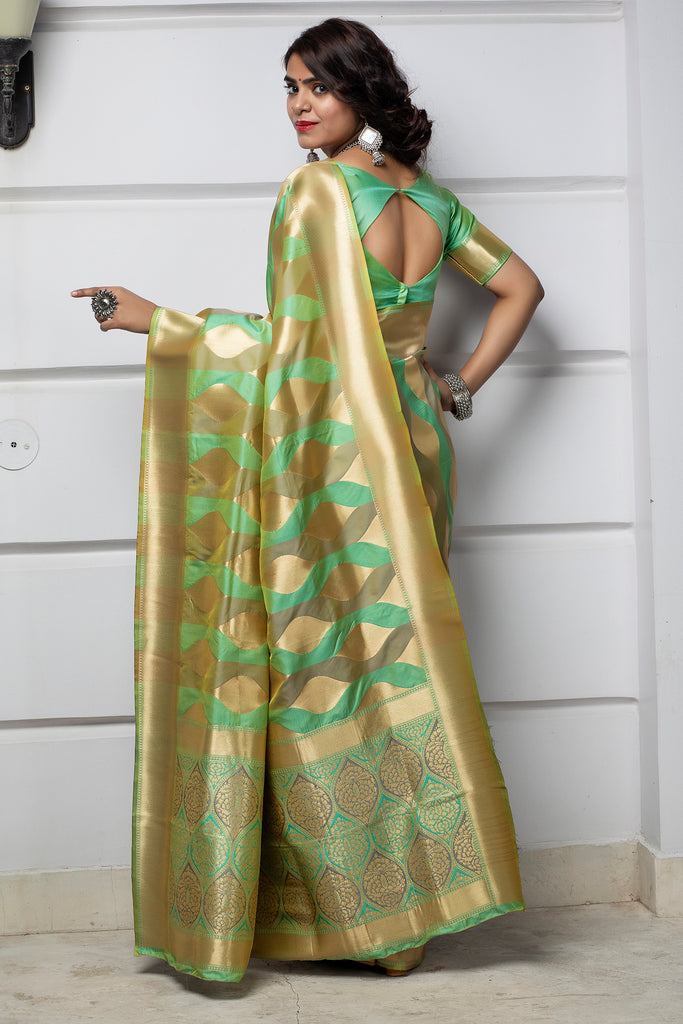 Light Green Banarasi Silk Traditional Saree With Blouse Piece ClothsVilla