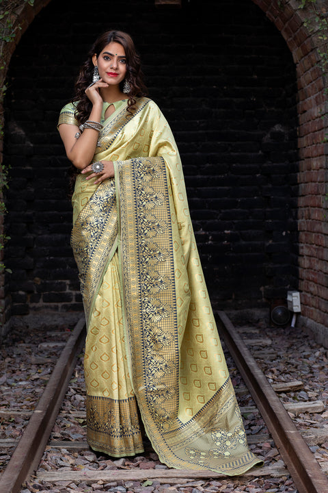 Light Green Embroidered Banarasi Silk Saree With Blouse ClothsVilla Main image