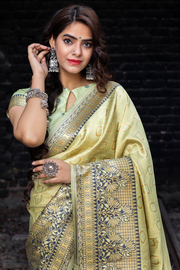 Light Green Embroidered Banarasi Silk Saree With Blouse ClothsVilla