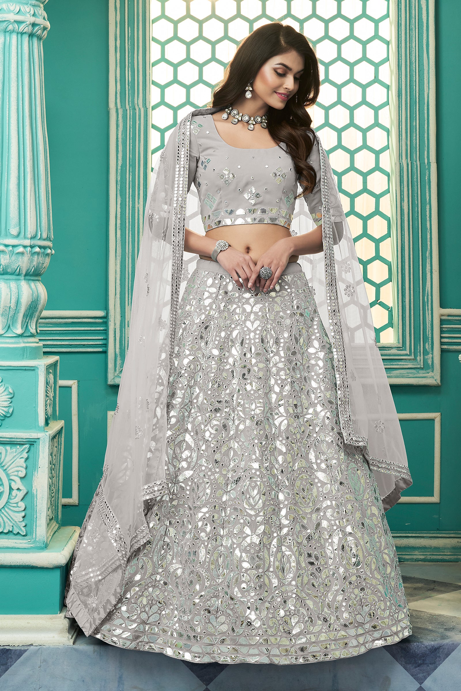 Light Grey Color Georgette Fabric Gota Work Lehenga Choli ClothsVilla