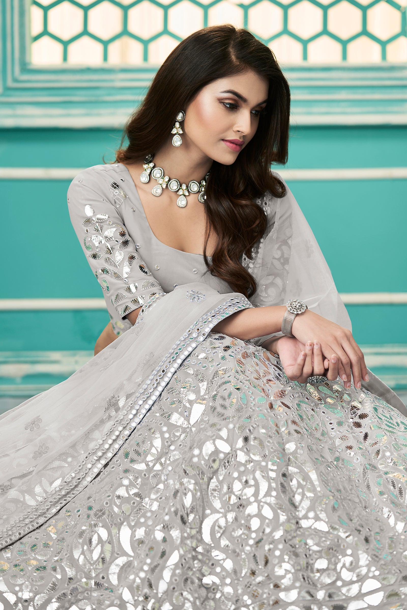Light Grey Color Georgette Fabric Gota Work Lehenga Choli ClothsVilla